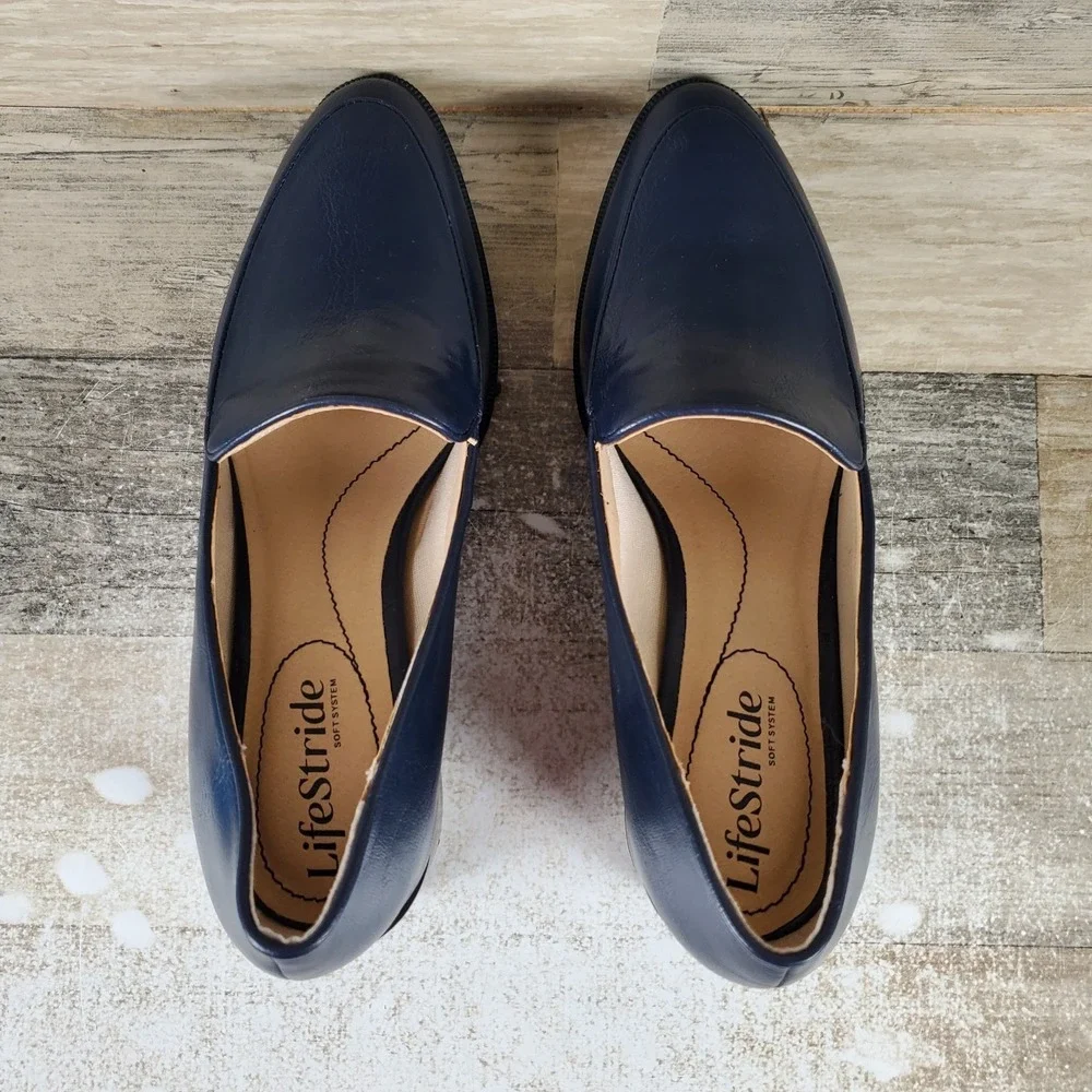 LifeStride Devyn Womens Loafers Sz 6.5 M Navy Faux Leather Slip On Block‎ Heel